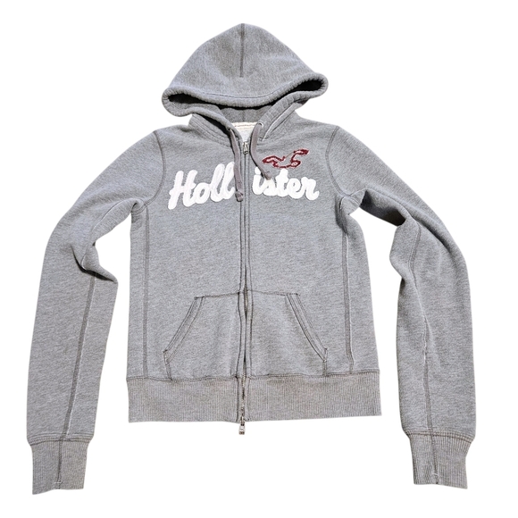 Y2K Hollister Gray Zip Hoodie Wnns M Waffle Knit Hood 2-way Zip Spellout Preppy - Picture 1 of 10